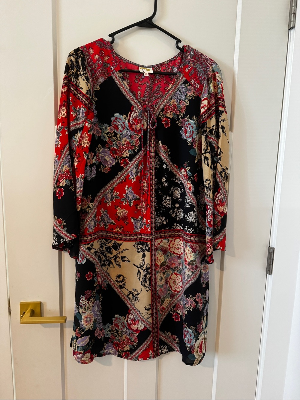 Sheer boho Floral Long Sleeve Tunic Dress in Red, Black & Cream fig & flower XL